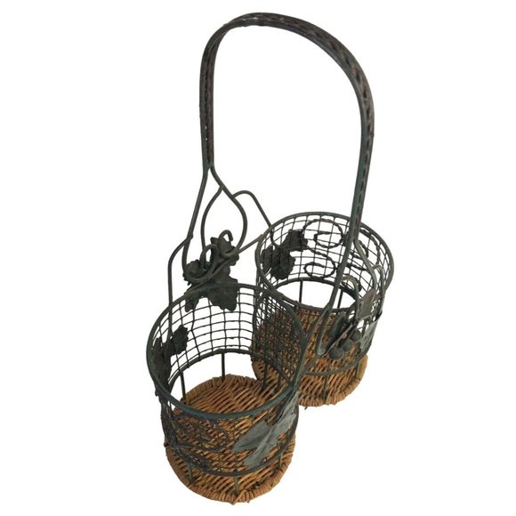Wine Caddy Carrier Basket Metal Wicker Grape Leaf Rustic Design - Picture 4 of 7